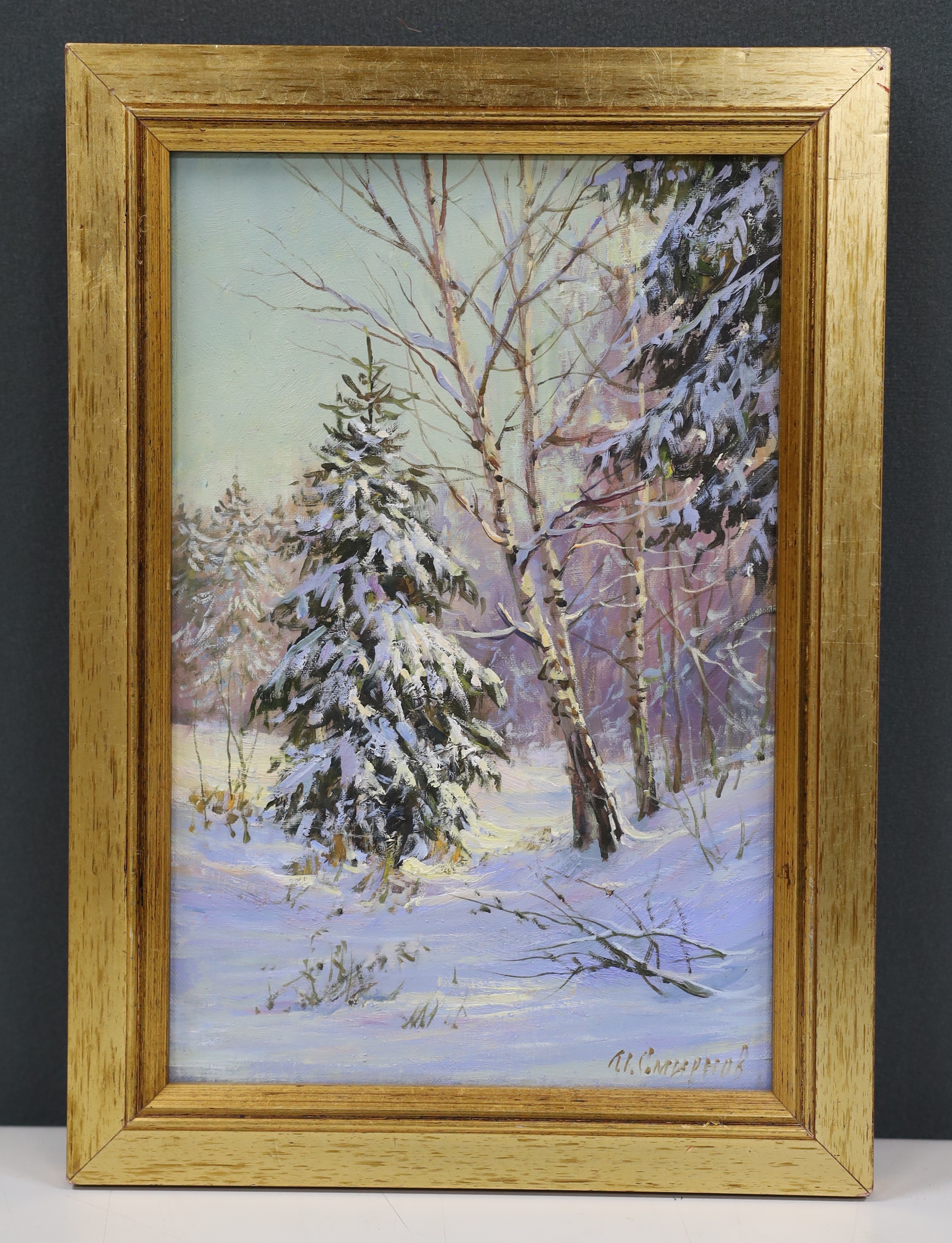 Igor Smirnov (Russian, b.1963), oil on canvas, Winter landscape, signed, 28 x 18cm